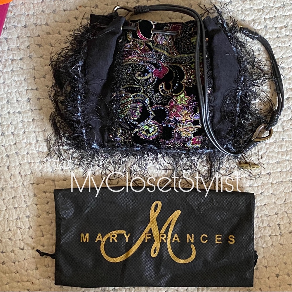New MARY FRANCES Embroidered Black Beaded Fringe Purse! black purple - Picture 5 of 10